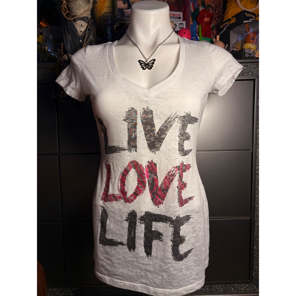 Y2K M.Fasis Blue White Live Love Life Shredded Back Graphic Tee L #2